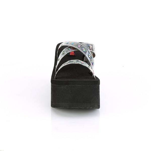 Demonia Women's Funn-19 Platform Sandals - Black Oil Flick Hologram D1358-26US Clearance